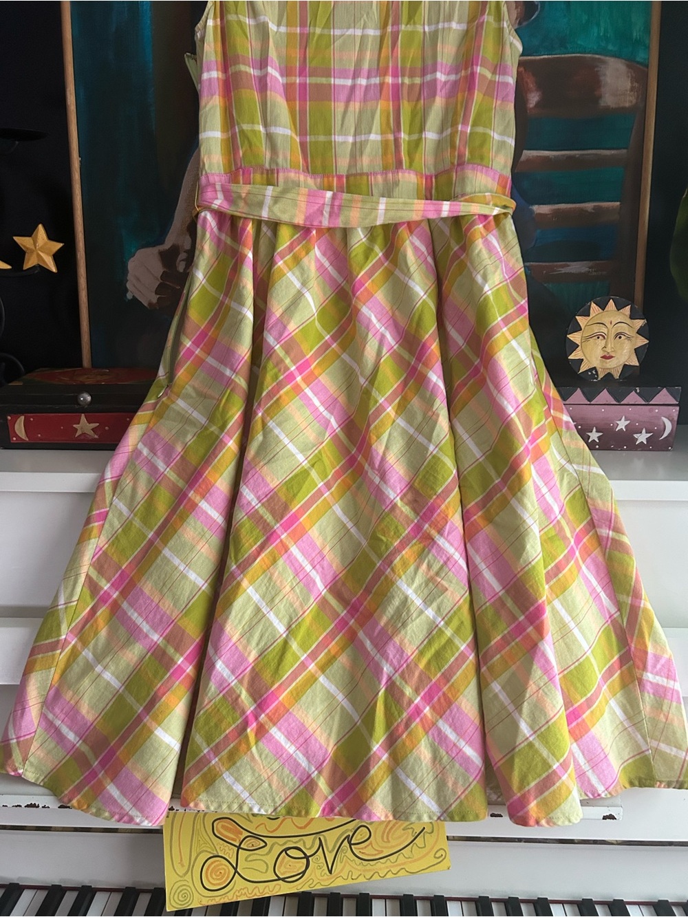 Pure Alfred Sung Plaid Wrap Midi Dress Belted Pink Green Sleeveless Women M - Picture 6 of 16